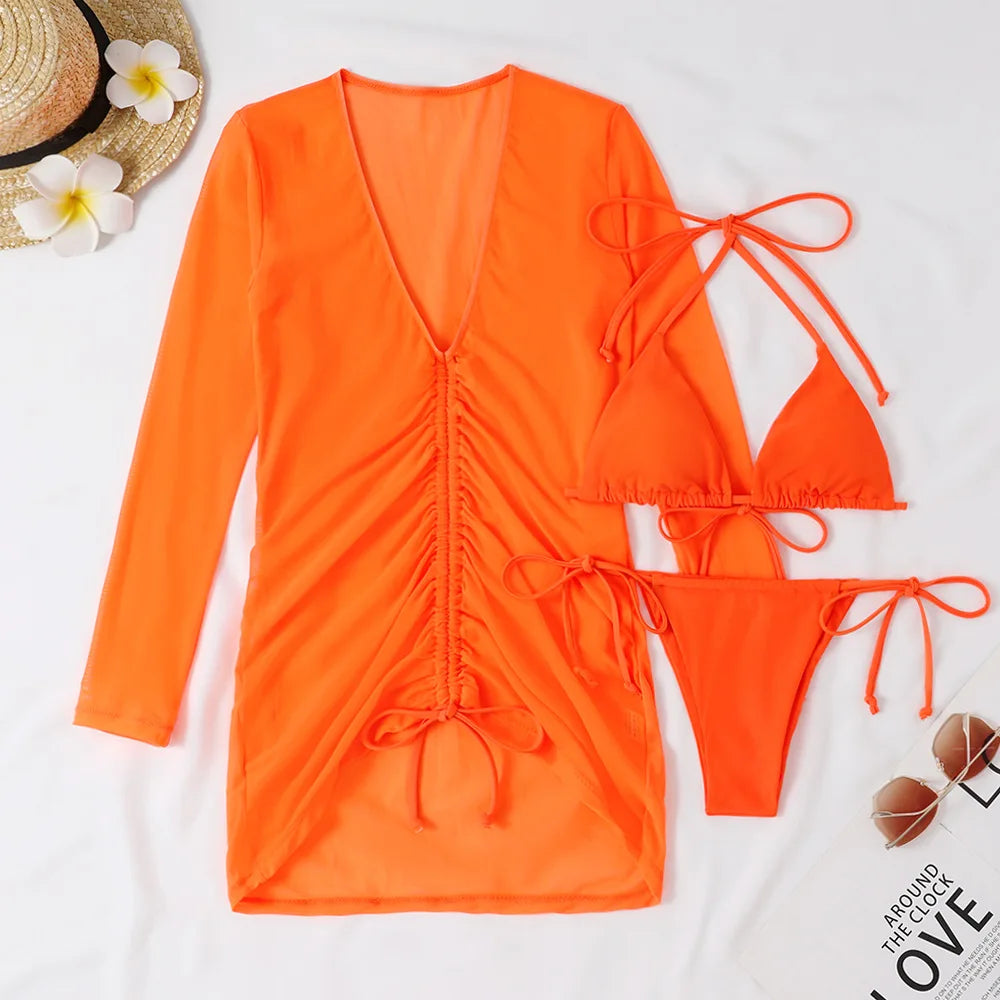 2024 Solid 3pack Bikini Women Swimsuit&Kimono Cover Up Swimwear Female Thong Bathing Suit Neon Bikini Set Swimming Suits Biquini